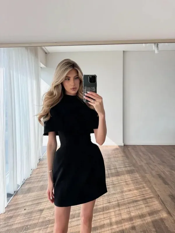 Cinching Waist Solid Mini Dresses Women Elegant Cap Sleeves Slim Fit Short A Line Dress 2025 New Summer Vacation Party Gowns — image 8