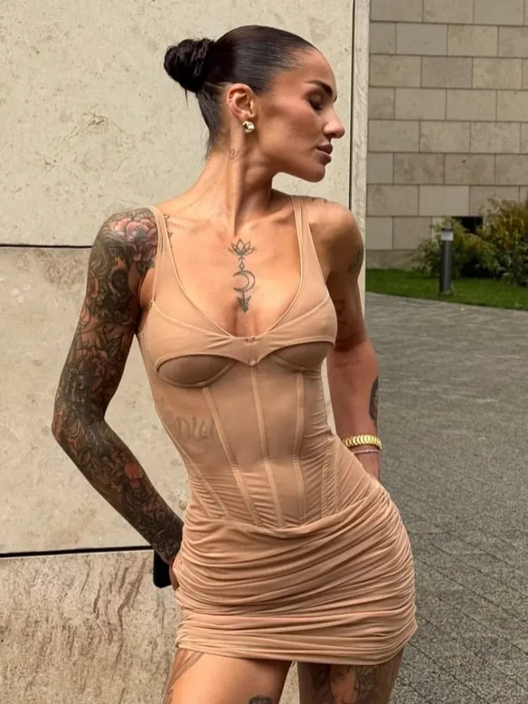 Sexy Solid Fishbone V-neck Dress Women Elegant Solid Sleeveless Pleated Slim Waist-cinching Mini Dresses Summer Party Gown 2026