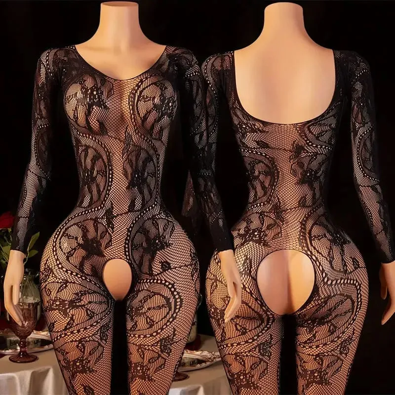 Women's Black Lace Fishnet Halter Neck One-Piece Bodystocking Wireless Unlined Stretch Mesh Lingerie One Size 8 Styles — image 9
