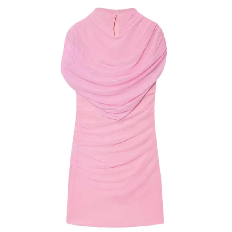 Elegant Mesh Shawl Short Dress Women Pleated Half High Collar Sleeveless Female Dresses 2026 Spring Lady Chic Party Gowns New