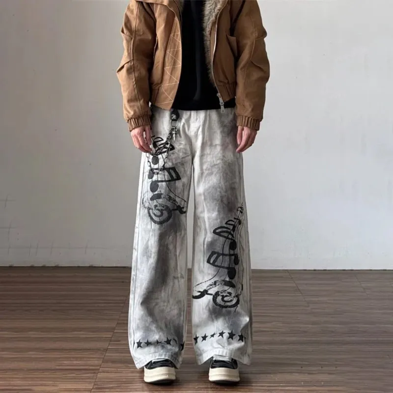 2026 New Retro Graffiti Printed White Baggy Jeans For Men High Street Straight Wide Leg Denim Pants Hip Hop Graphic Y2K Jean — image 3