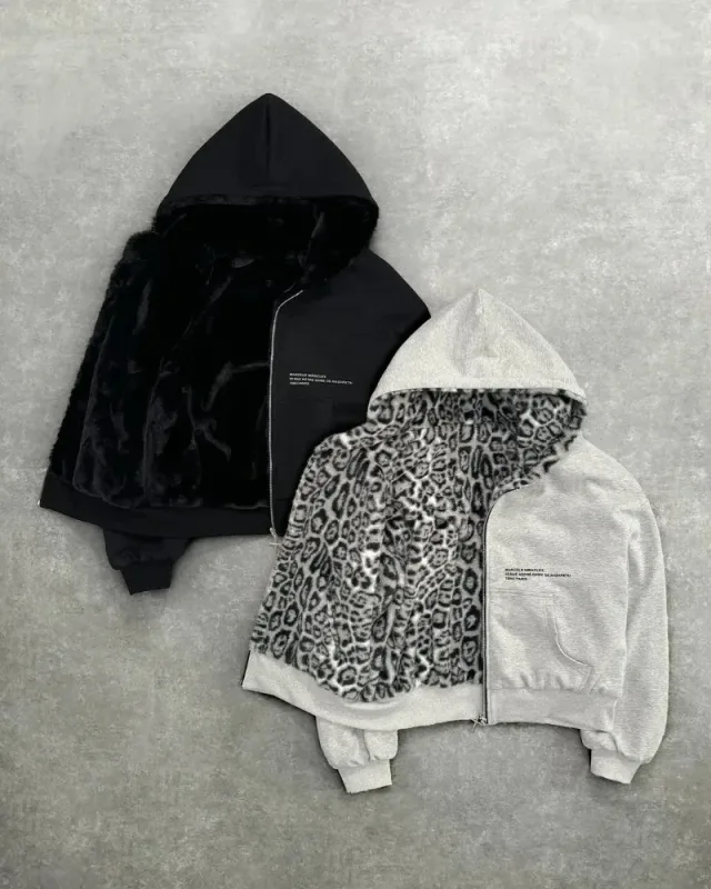 Hip-hop New Two-sided Clothing Harajuku Retro Leopard Print Fashionable Loose Zipper Hoodie Men Street Casual Sweatshirt Women — image 4