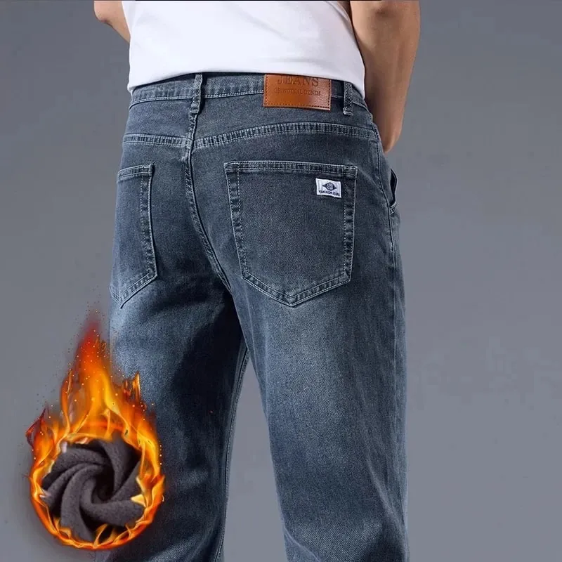 Winter Fleece Men Jeans Thick Stretch Business Casual Trousers Classic Loose Straight Warm Velvet Denim Pants Office Daily Wear — image 4