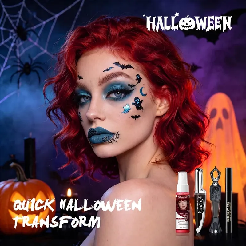 5pcs Halloween Makeup Kit Temporary Hair Color Spray Face Body Paint Stick Eyeshadow & Lip Makeup Set Festival Party Cosmetics