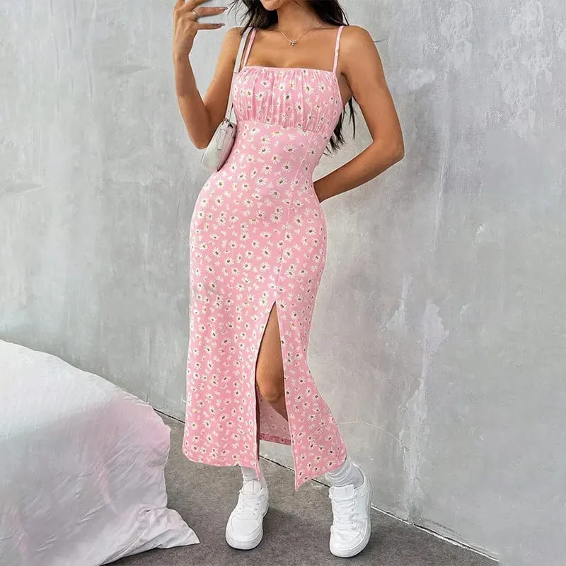 Y2K Elegant Women's Clothing SummerTrend Flower Print Spaghetti Strap Sleeveless with High Slit Ladies Bodycon Vintage Dresses