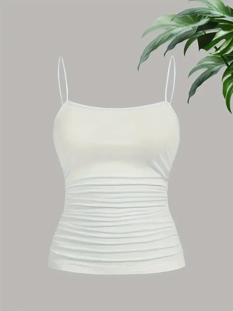 Women Elegant Thin Strap Ruched Cami Top Slim Fit Sleeveless Camisole Soft Stretch Basic Tank Vest Summer Fashion Underwear Blac — image 7