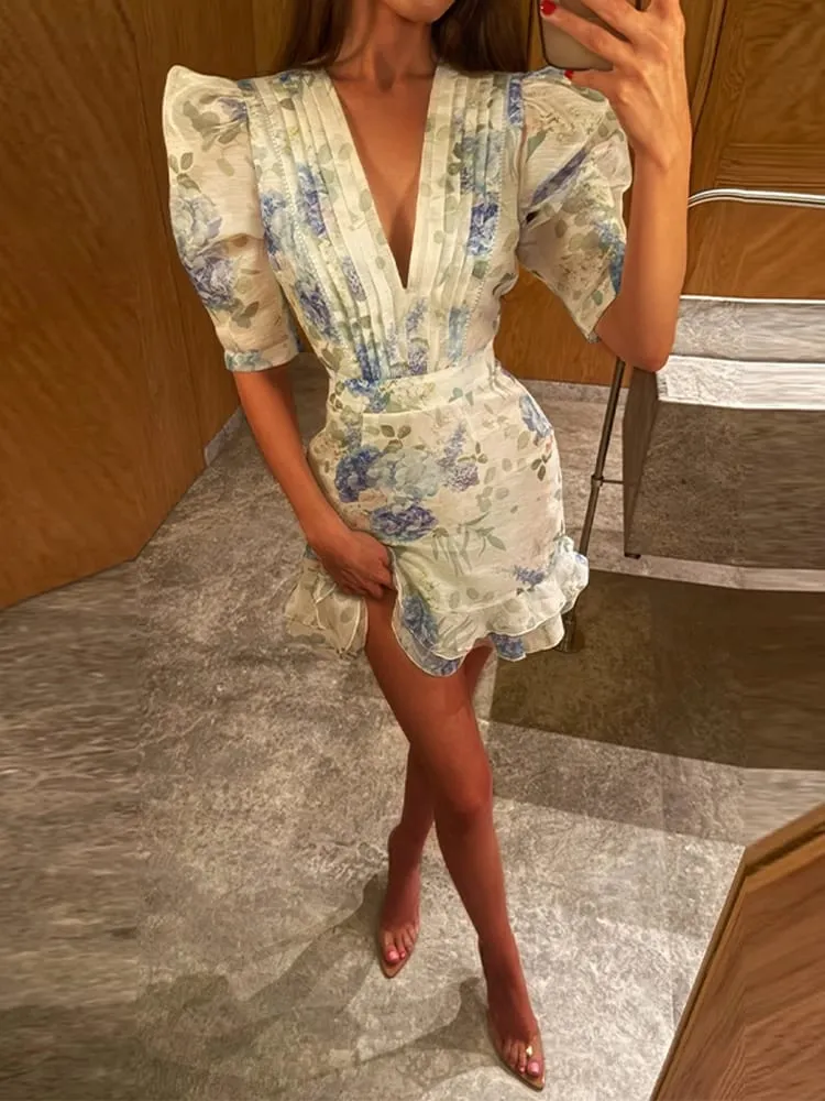 Floral Print Side Split V-Neck Mini Dresses Slim Fitwaist Cinching Puff Sleeve 2026 Summer Elegant Women Party Sweet Vestidos — image 2