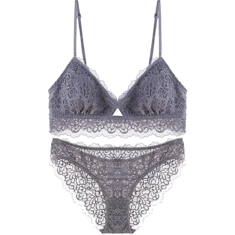 triangle full lace wire free pullover cotton Brassiere with pad and panties small underwear sets hollow out comfortable — image 3
