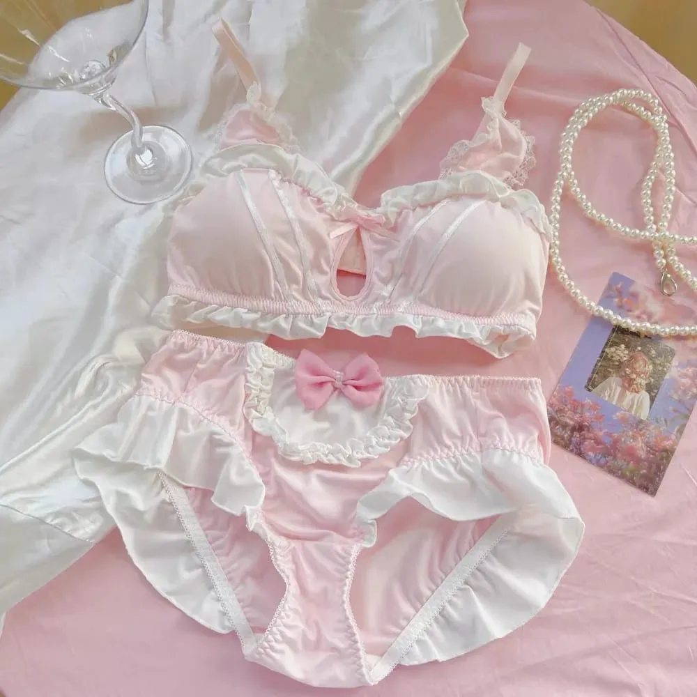 Japanese soft girl cute girl rabbit ears underwear small chest flat chest thin without steel ring triangle cup bra set 32-38AB — image 4