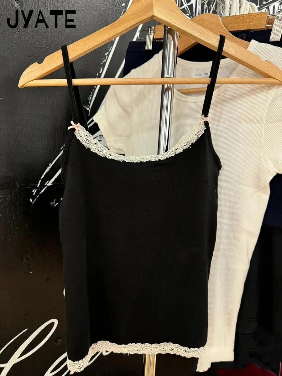 Süße Spitze Patchwork Schlank Tank Tops Frauen Sommer Weiß Sexy Einfache Baumwolle Weiche Ärmellose Westen Weibliche Vintage Chic Y2K Leibchen — image 16