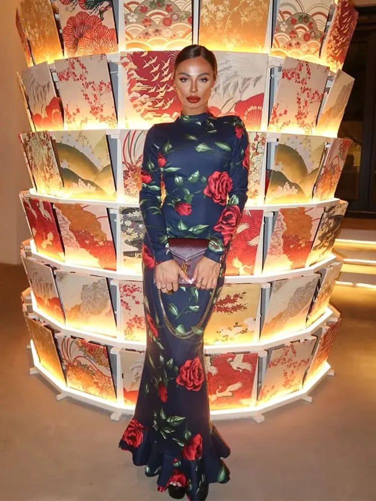 Flower Prints O Neck Women Dresses Sheath Trendy Fashion Elegant Evening Party Outfits Female Bodycon Long Sleeve Robes — image 2