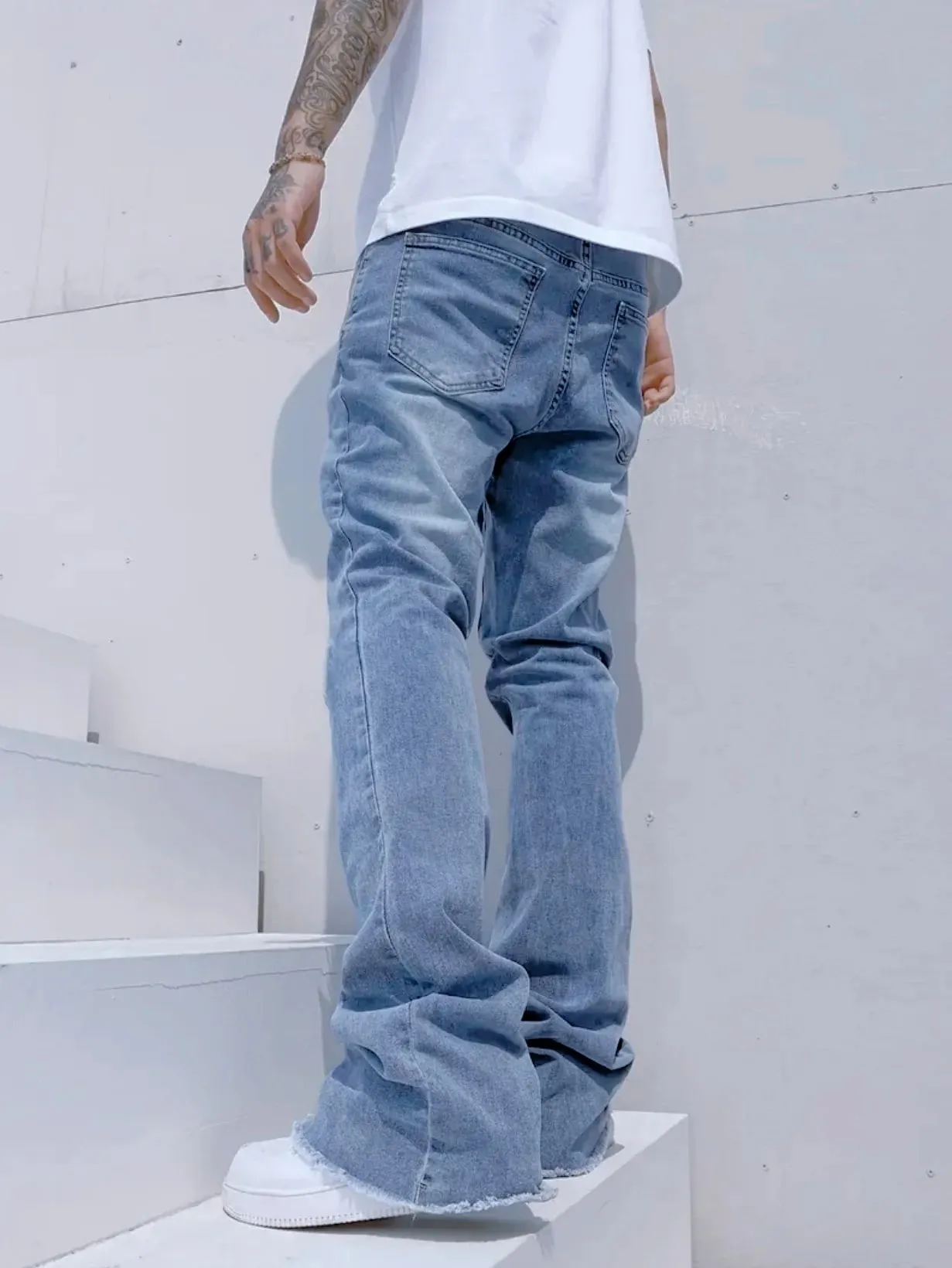Slim Straight Jeans Men Sky Blue Fringe Cuff Detail Jeans Classic Mid Waist Solid Tone All Season Long Pants Urban Daily Stylish