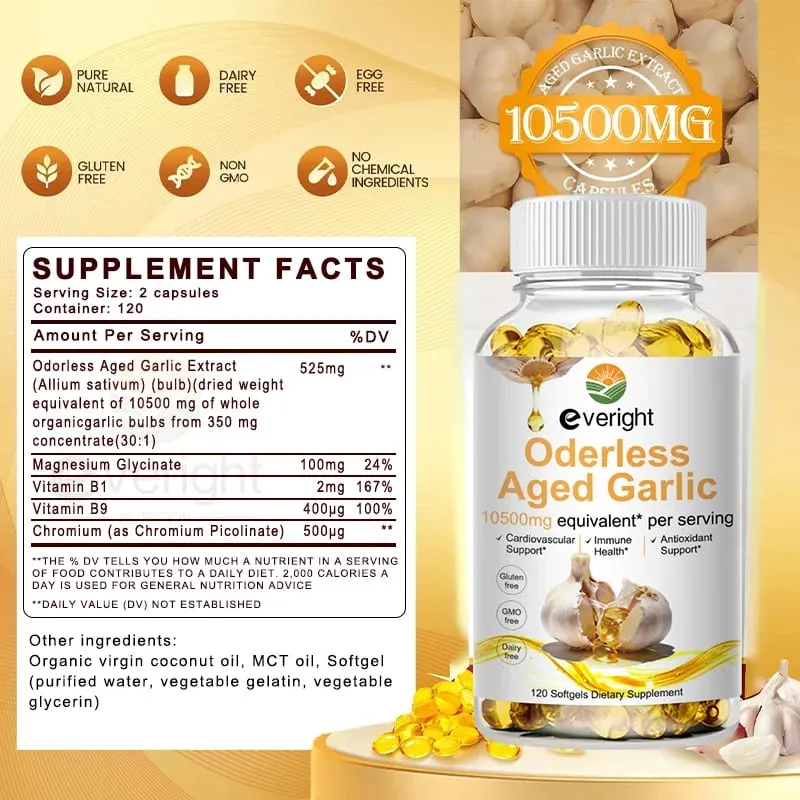 Aged Garlic Extract Capsules – Odorless Formula with Magnesium Chromium B1 & B9 – Supports Immune Heart & Cardiovascular Heal