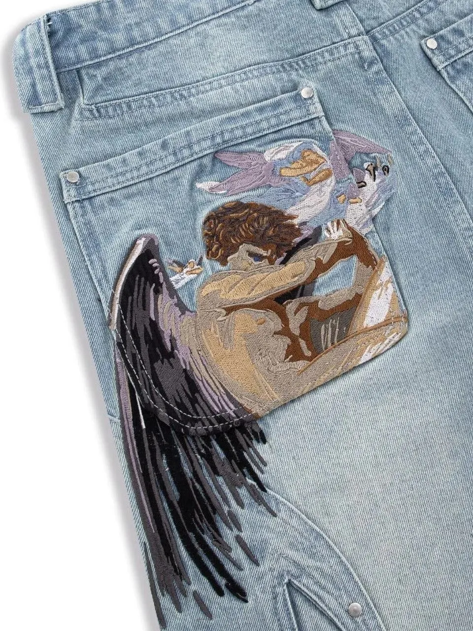 Y2K Black Baggy Cargo Jeans Men Horse Back Pocket Embroidery Cursive Wild Ride Distressed Cut Out Wide Leg Casual Denim Trouser — image 7