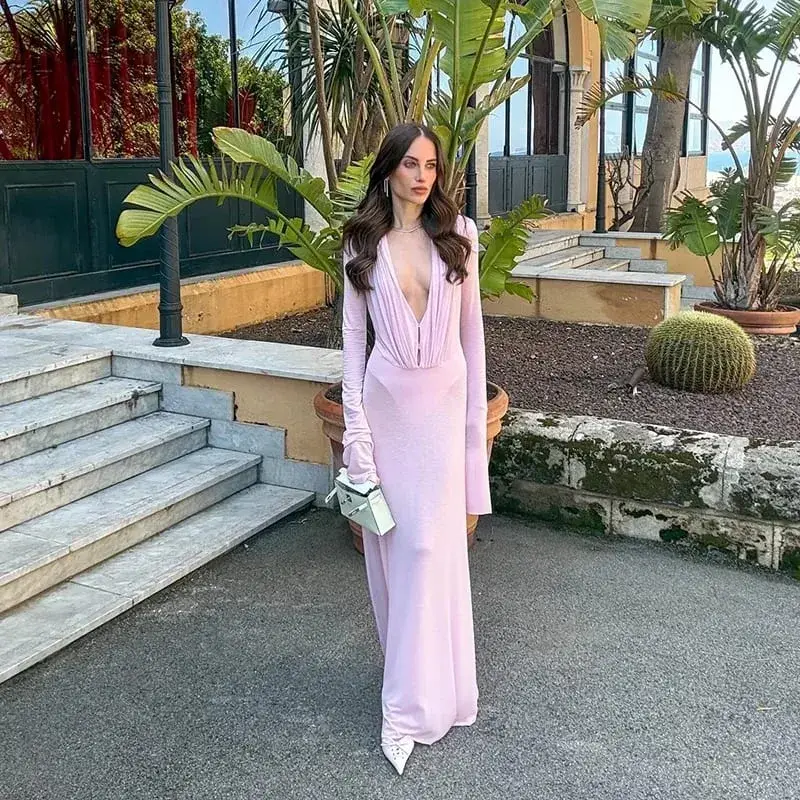 Luxury See Through Mesh Bodycon Maxi Dress For Women Lady Long Flared Cuff Deep V Neck Pleated Beach Holiday Evening Party Gown