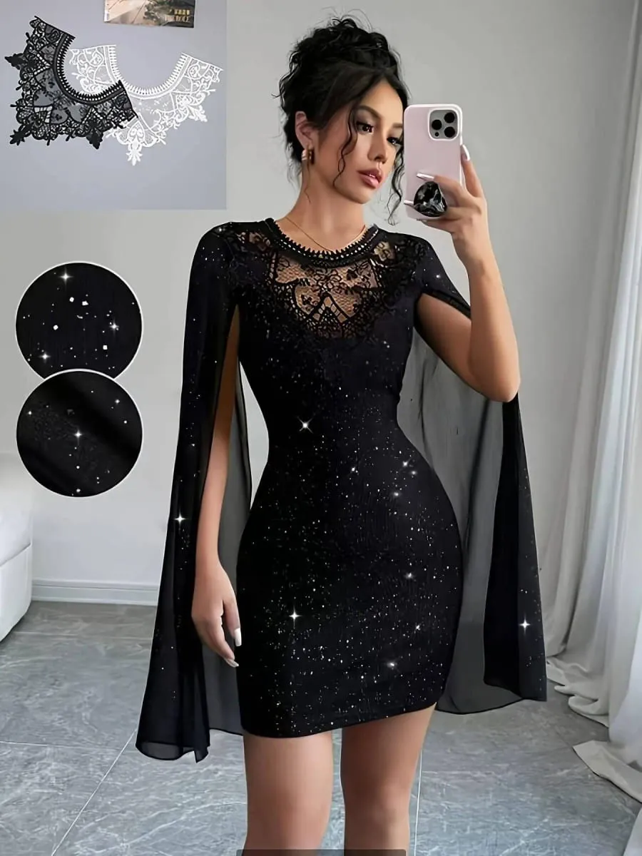 Women Black Glitter Bodycon Mini Dress Lace Crew Neck Sheer Cape Sleeve Slim Party Club Evening Cocktail Short Dress — image 2