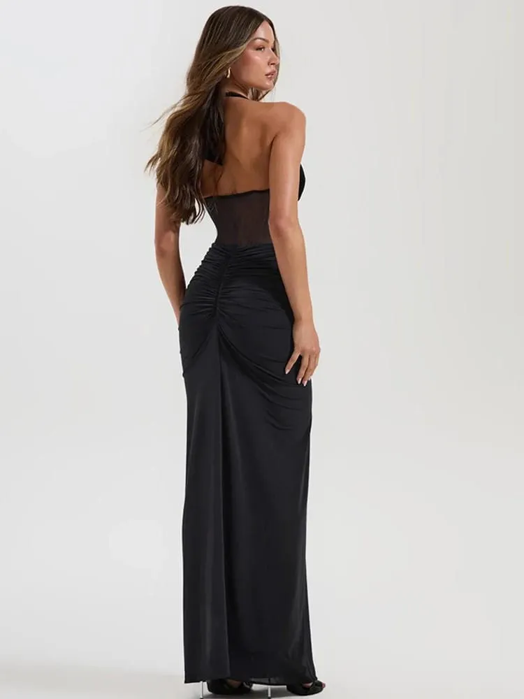 MO Patchwork Sexy Deep V-neck Halter Women Maxi Dress Backless See Through Dress Summer Slim Elegant Party Evening Dress — image 5