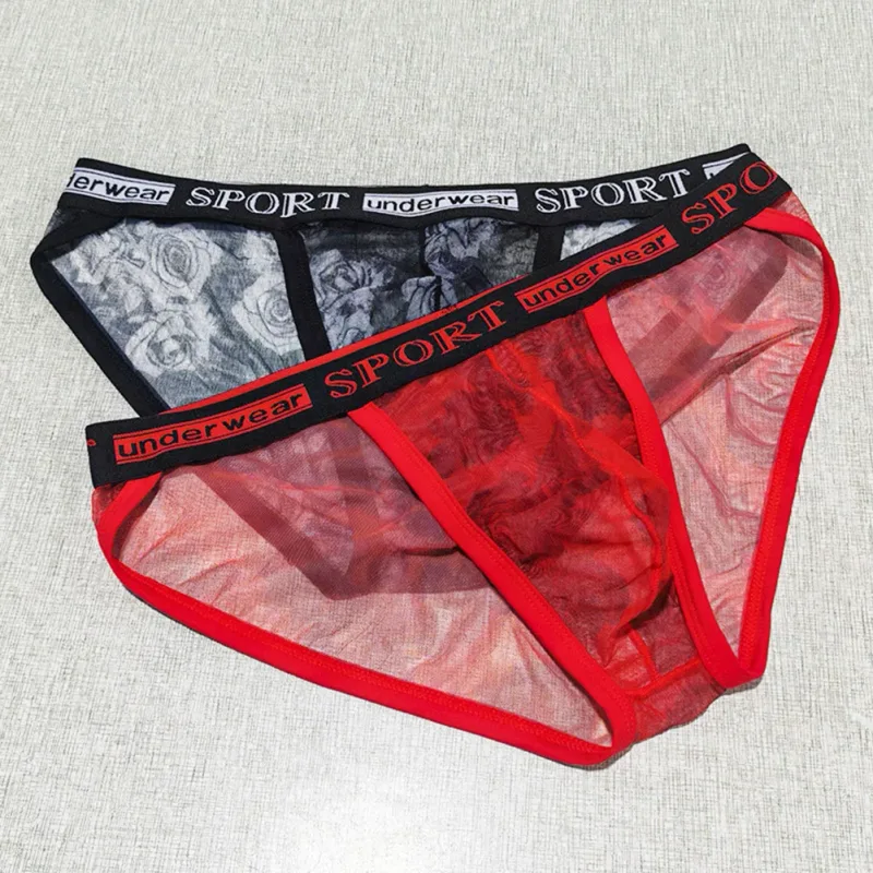 1pc Men Rose Printed Briefs High Fork Perspective Underwear Sexy Mesh Sheer Panties Breathable Comfortable Underpants