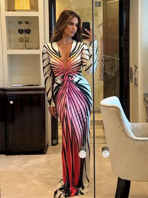 Women Pink Orange Gradient Cape Sleeve Maxi Dress Sexy Halter Neck Cutout Flare Sleeve Gown 2026 Ladies Vacation Party Outfits