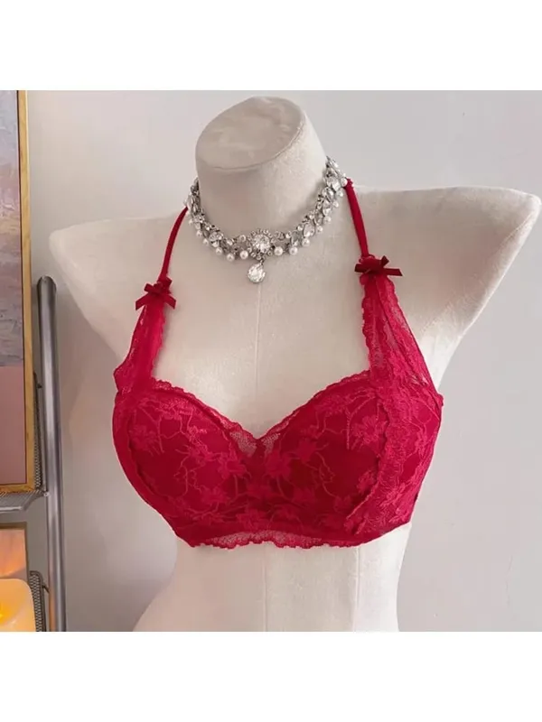 Sweet Halter Neck Bow Lace Wireless Bra Padded Push‑up Brassiere Ladies Layering Intimate Lingerie for Small Bust Size 32‑38 ABC — image 11