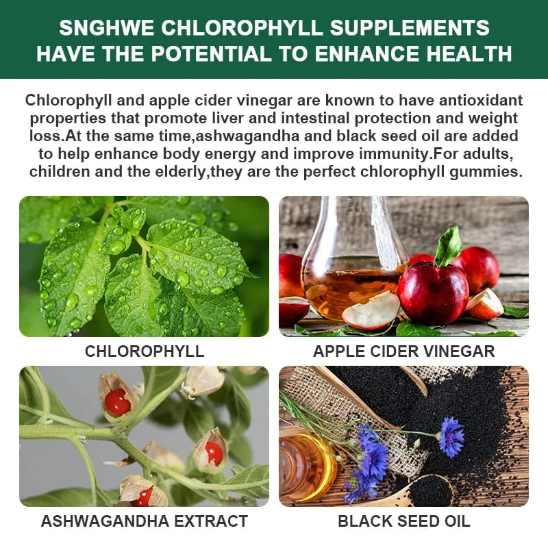 Chlorophyll Gummies-dengan ACV Vitamin D3 C E B12 -Tenaga Deodoran Asli Tingkatkan Imun & Pencernaan Menyokong Vegan 60 Gula-gula