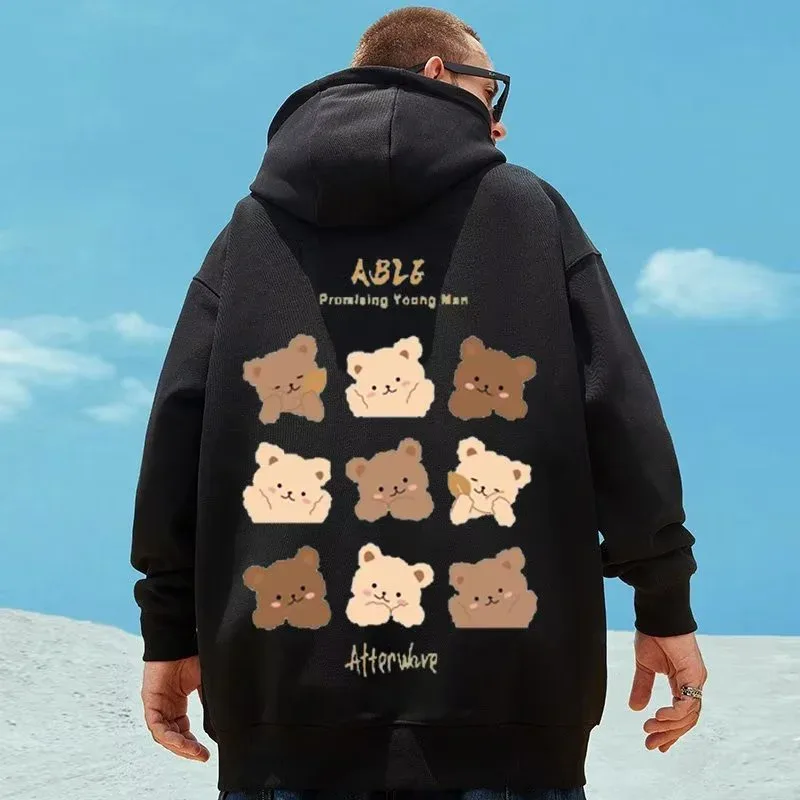 M-8XL النمط الأمريكي الشارع البني لطيف الدب طباعة المتضخم هوديي زوجين هوديي الطالب كبير لينة المخملية مقنعين سترة — image 1