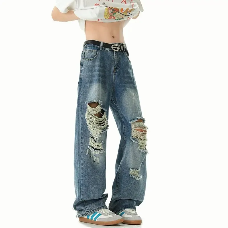 New Spring/Autumn Fashion Solid Color American Retro Straight Leg Ripped Jeans Men's Casual Loose Fit Sports High Quality Jeans — image 6