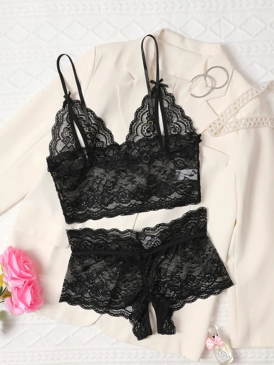 Open Bra 2 Pcs Women Lace See-Through Pajama Black Cute Clothes Comfortable Breathable Suspender Shorts Bra And Brief Set Hollow — image 2