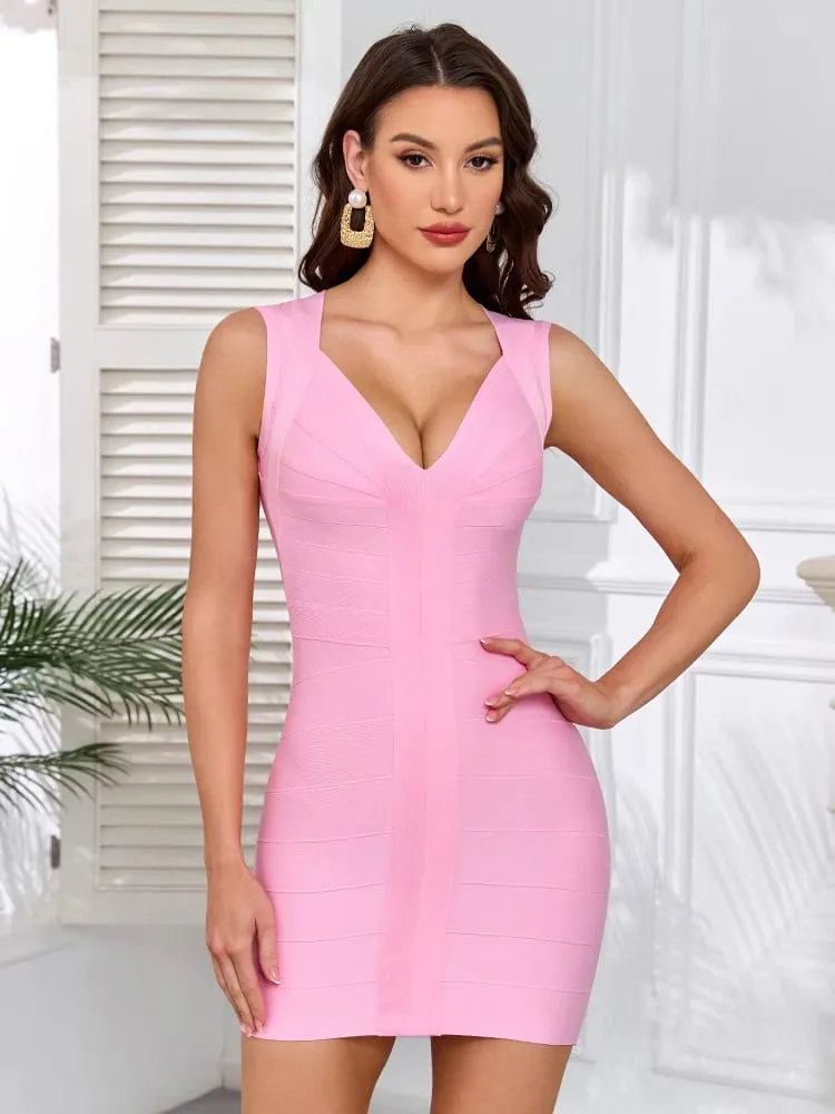 Luxury Fashiong Trendy Pink Bandage Dress Plunge V Sexy Slim Evening Dresses Birthday Wedding Celebrity Lady Vestidos — image 1
