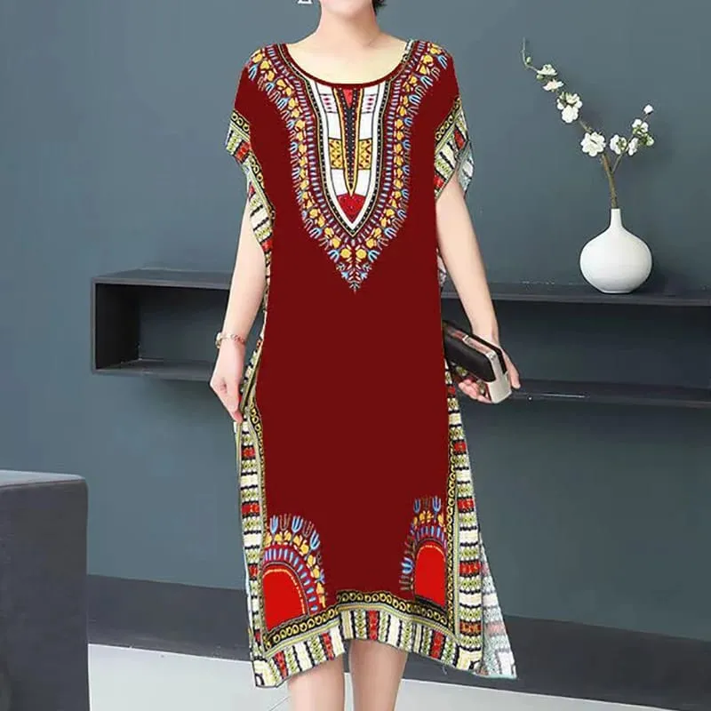 Boho Holiday Women V-Neck Batswing Short Sleeve A-Line Midi Dresses Slim Elastic Waist Casual Vintage Office Lady Elegance Dress — image 13