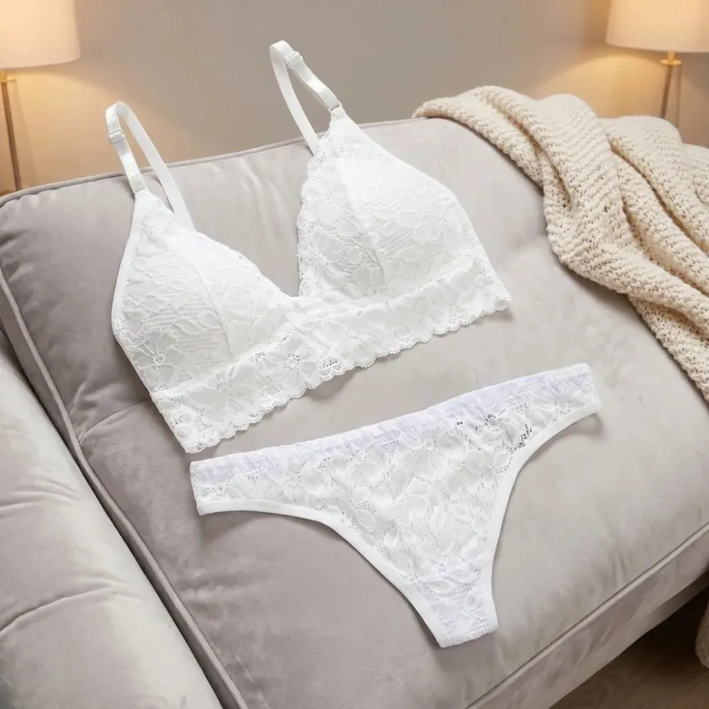 V Neck Lace Flower Bra Set Thong Solid Color Floral Panties Bra Kit Low Waist Lingerie Lace Underwear Valentine's Day Gift — image 5