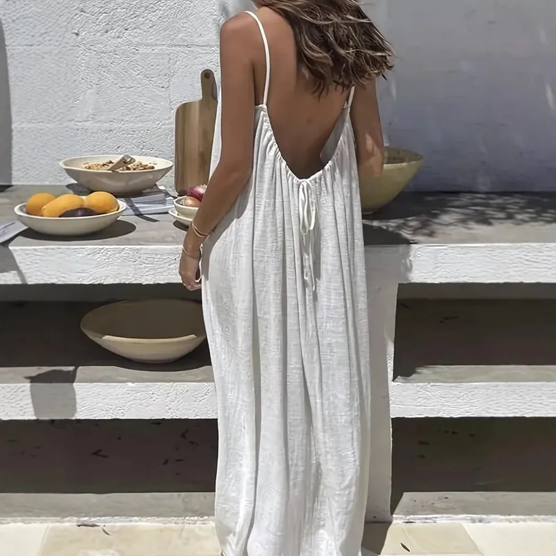Women's Solid Color Backless Cami Dress Strappy Lounge Dress Open Back Maxi Length with Relaxed Fit Comfortable Home Wear