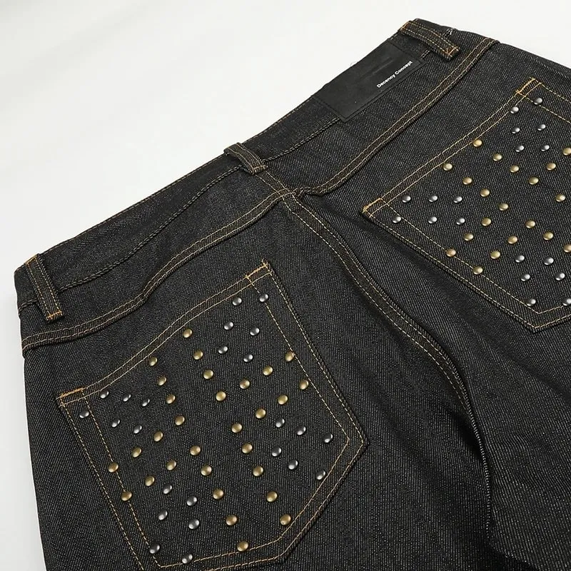 Men Raw Denim Wide‑Leg Jeans Rivet Decor Back Pockets Cuffed Hem Print Punk Streetwear Straight Long Pants 9X4317 — image 4