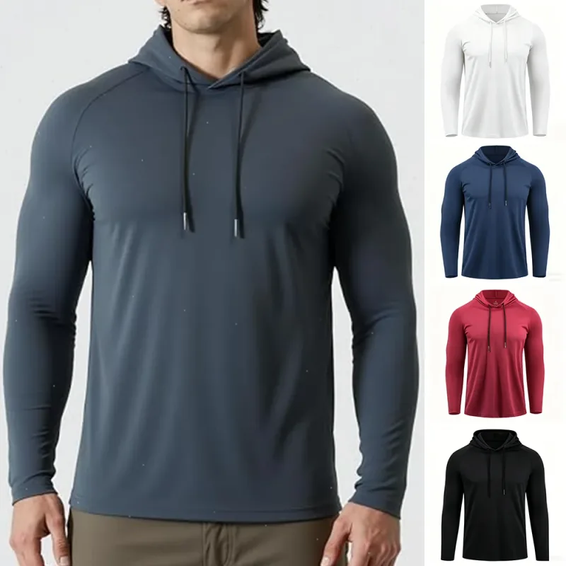 Men's Sun Protection Shirts Long Sleeve Hoodies Solid Quick Dry T-shirt Mens Bodybuilding Fitness Muscle Sportwear Gym Clothing — image 2