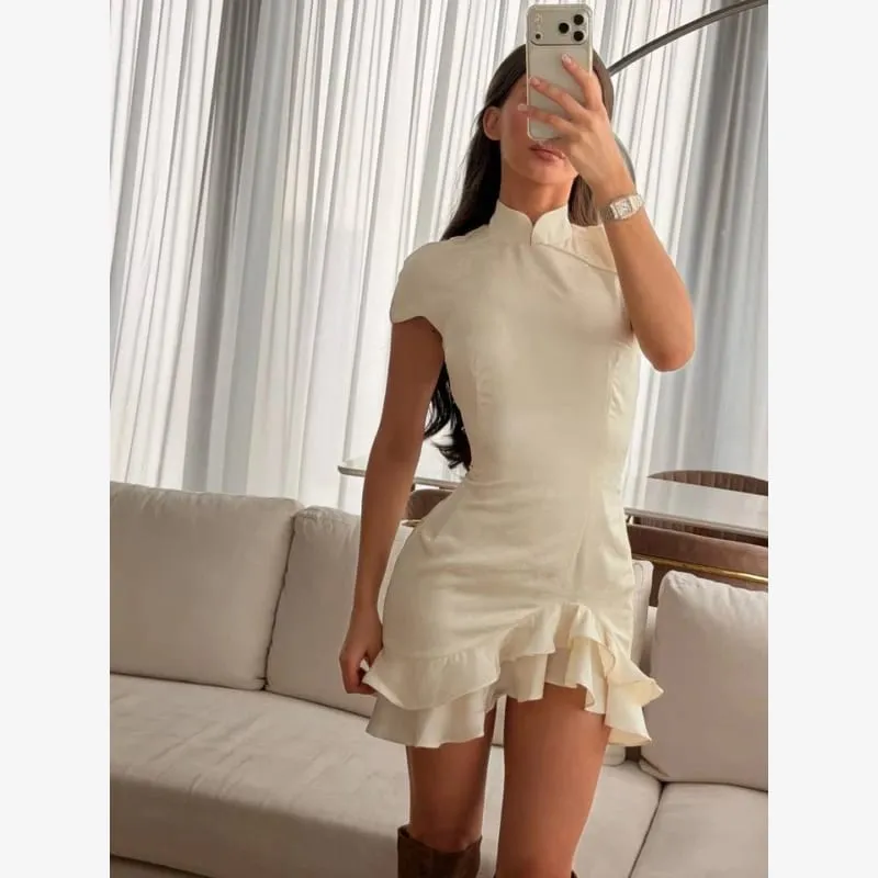 Women Mandarin Collar Ruffle Hem Mini Qipao Chinese Style Cap Sleeve Slim Fit Cheongsam Dress Dating Daily Party Outfit — image 4