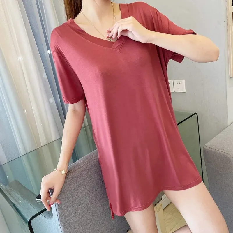 Loose Modal Short Sleeve V-Neck Midi Dress Thin Home Clothes Sleepwear Women's Base Skirt Comfortable plus Size Casual Style