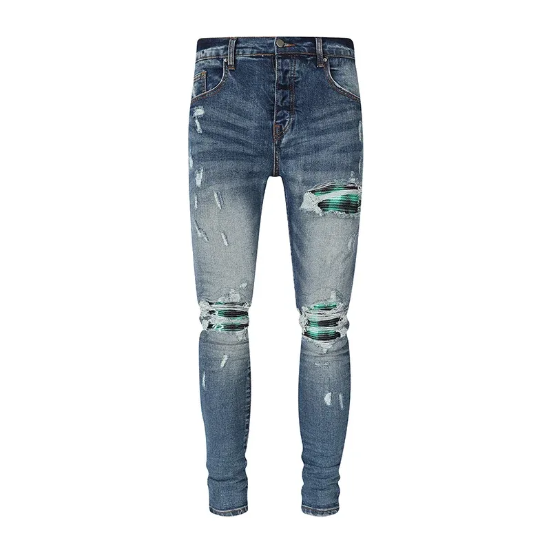Fashionable New Men's Retro Blue Jeans With Pleated Elastic Perforated Blue Leather Patch Tight Tapered Pants Y2K — image 14