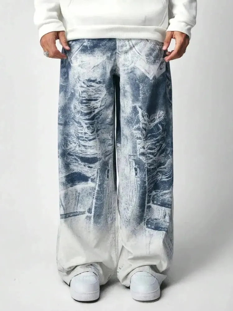 Mens Jeans Harajuku Y2K Streetwear Gothic Print Baggy Wide Leg Denim Pants Vintage Washed Straight Fit Grunge Punk Fashion Trend — image 5