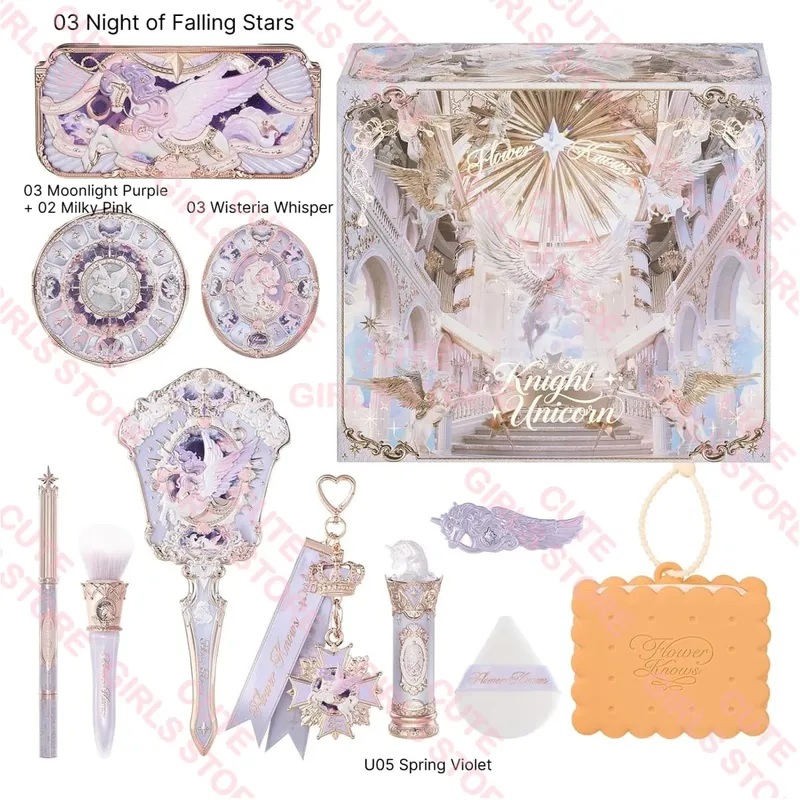 Мини-подарочный набор Flower Knows Knight Unicorn Collection с губной помадой, румянами, тенями для век, пудрой, подводкой для губ, зеркалом и инструментами