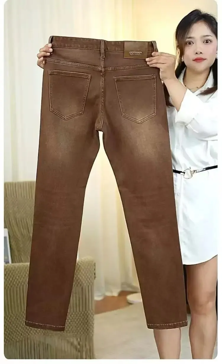 2026 New High-end High-quality Denim Brown Baggy Cotton Elastic Jeans Retro Nostalgic Men's Vintage Straight-fit Trousers — image 3