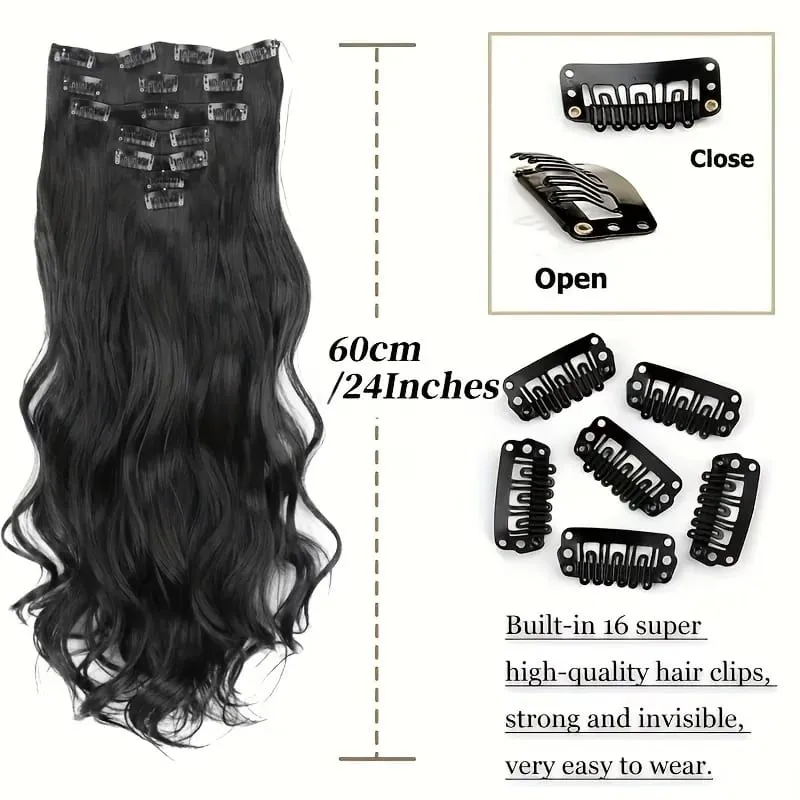 Synthetic 24Inch 7pcs/set Long Curly Clip In Hair Extensions Heat Resistant Fluffy Hairpiece for Women Daily Party Use — image 2