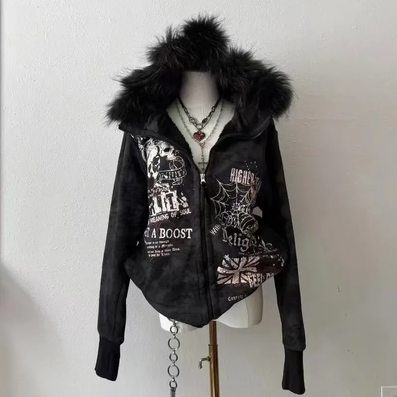 American Retro Rock Gothic Graphic Fur Collar Loose Zipper Sweatshirt Men's Y2K New Harajuku Punk Casual Joker Hoodie Streetwear