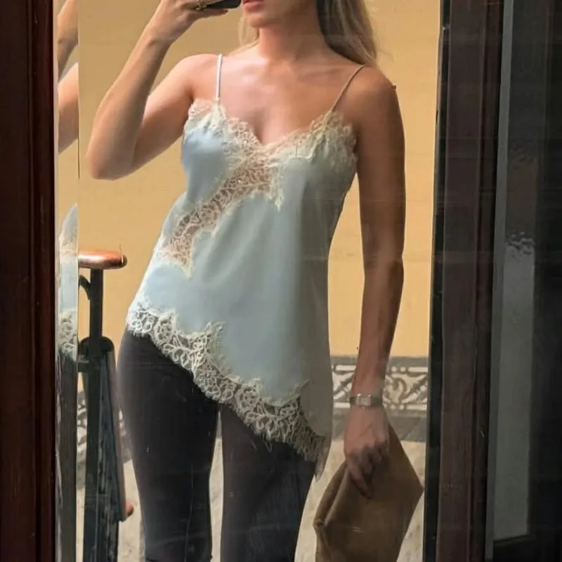 Combhasaki Women Floral Lace Trim Satin High Low Vest Silk Spaghetti Strap Side Split Asymmetrical Cami Flowy Silky Layering Top — image 18
