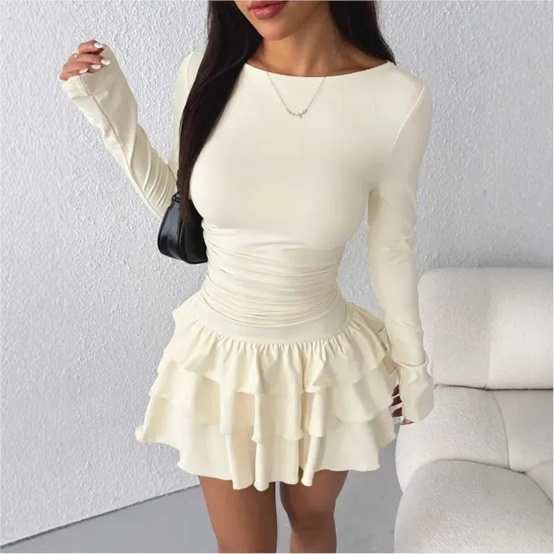 Temperament Dresses 2025 Woman Mini vestidos Simple Style Elegant French Bodycon Slim Pleated Fashion Long Sleeve Commuting Sexy — image 3