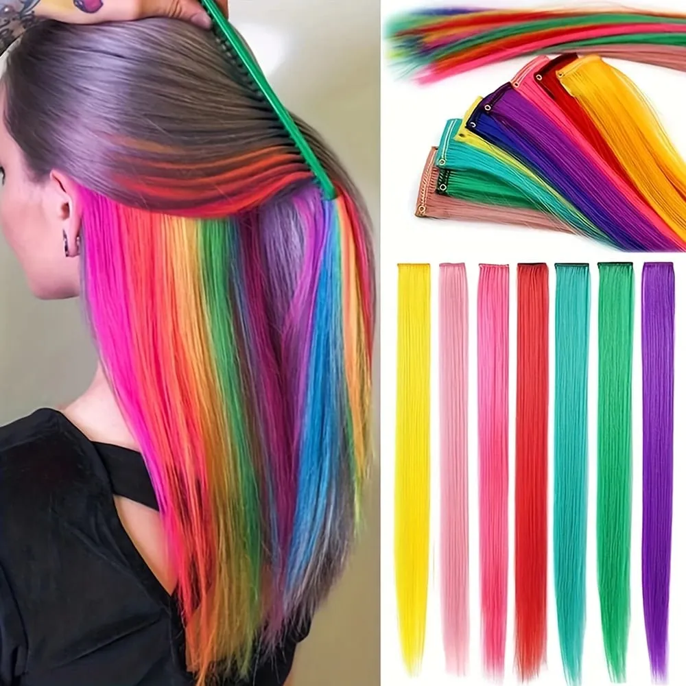 1PCS/Pack Synthetic Colored Party Highlights Clip in Hair Extensions for Girls Omber Colors Long Straight Hairpieces — image 2