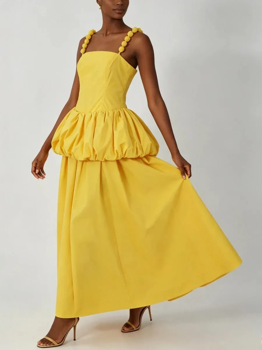 VGH Trend Yellow Maxi Dress Women Square Collar Sleeveless Folds Elegant Long Skirt for Club Evening Party Summer Fashion New — image 5