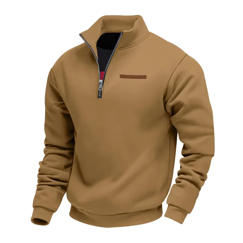 Men's Quarter Zip Sweatshirt Stand Collar Long Sleeve Pullover Casual Fleece Warm Sweatshirt With Chest Decorative Stripe — image 5
