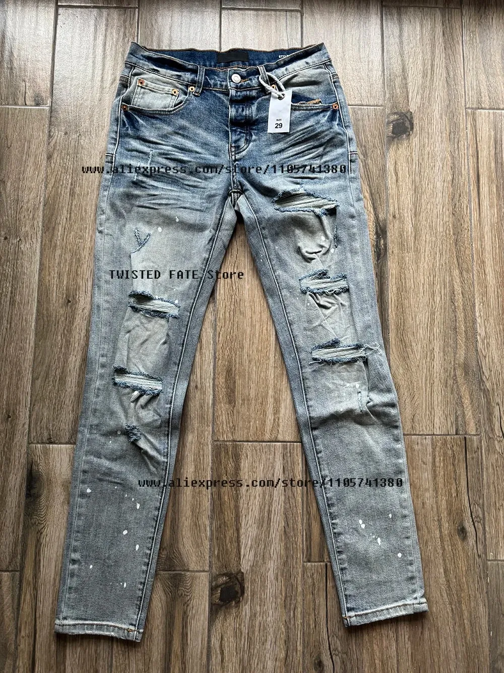 American High Street Quality Distressed Washed Light Blue Destroyed Holes Stretch Skinny & Slim Fit Spray Painted Ripped Jeans