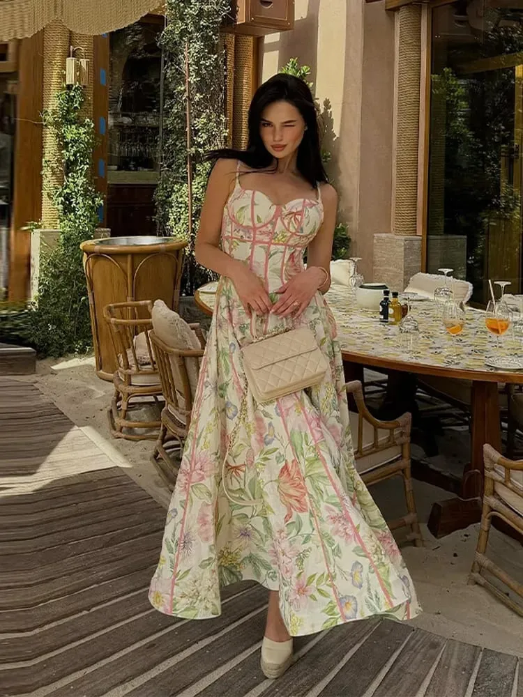 Elegant Printed Flower Women's Dress Contrast Sleeveless Halter Waist-Closed A-Line Lady Dresses Summer Fashion Vacation Robe — image 3
