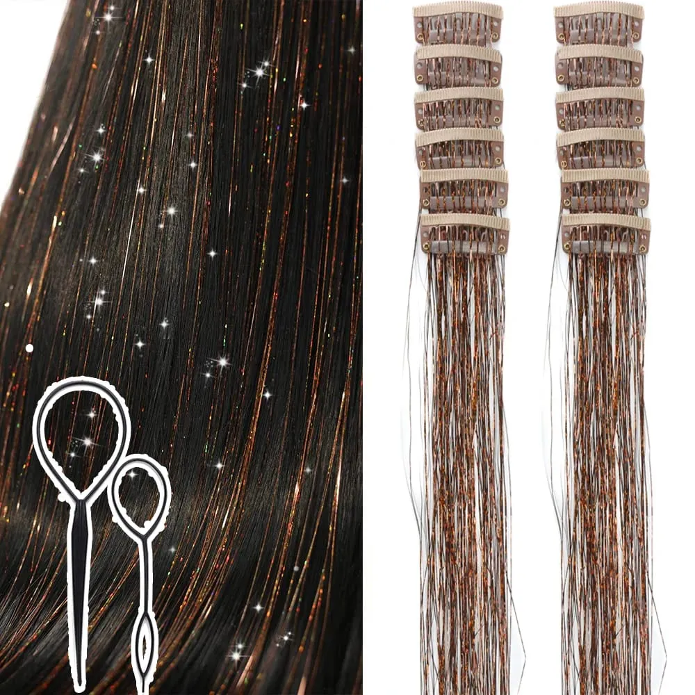 Hair Tinsel Clip in 12 Pcs Hair Tinsel Kit for Girls 20inch Synthetic Glitter Hair Accessories Clip in Hair Extensions for Women